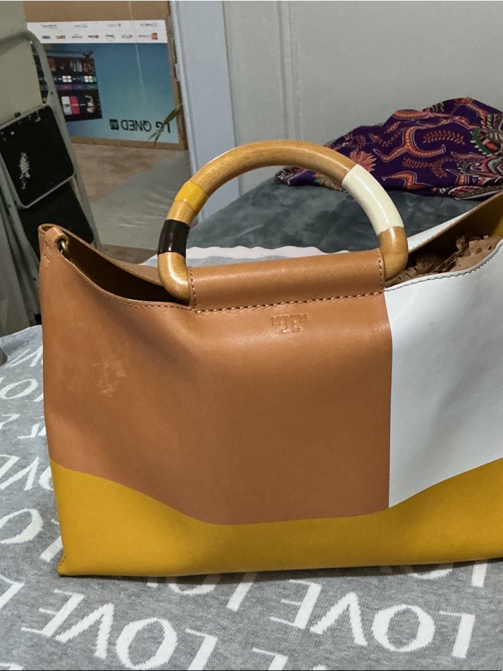 Tory Burch Tan, White & Yellow Colorblock Leather Tote with Wooden Handle
